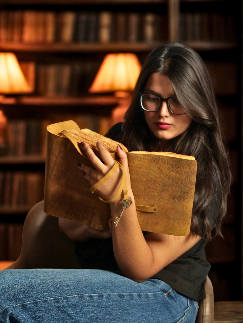 Woman reading an old book in a library setting